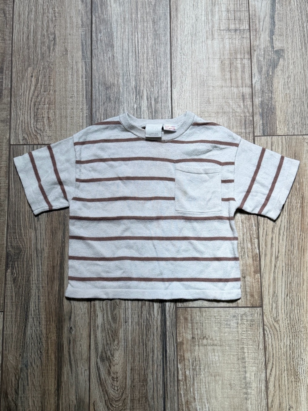 Zara White Tee with Brown Stripe Pocket